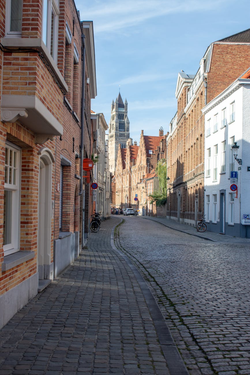 paved street in bruges city in belgium