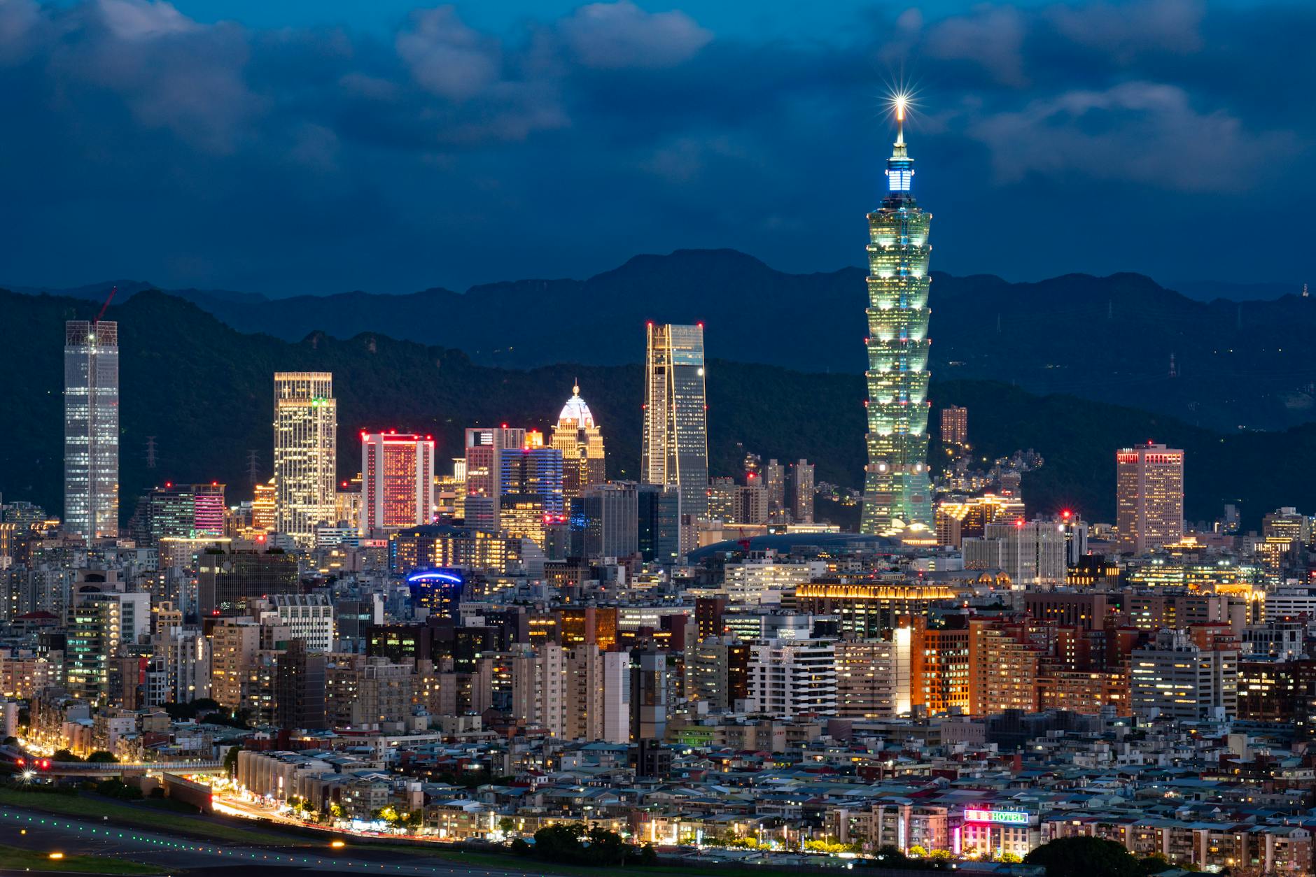 city skyline at night time